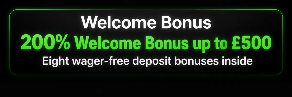 Dark centred Candyland Casino banner featuring a bright green welcome bonus headline, supporting offer text and rounded claim button